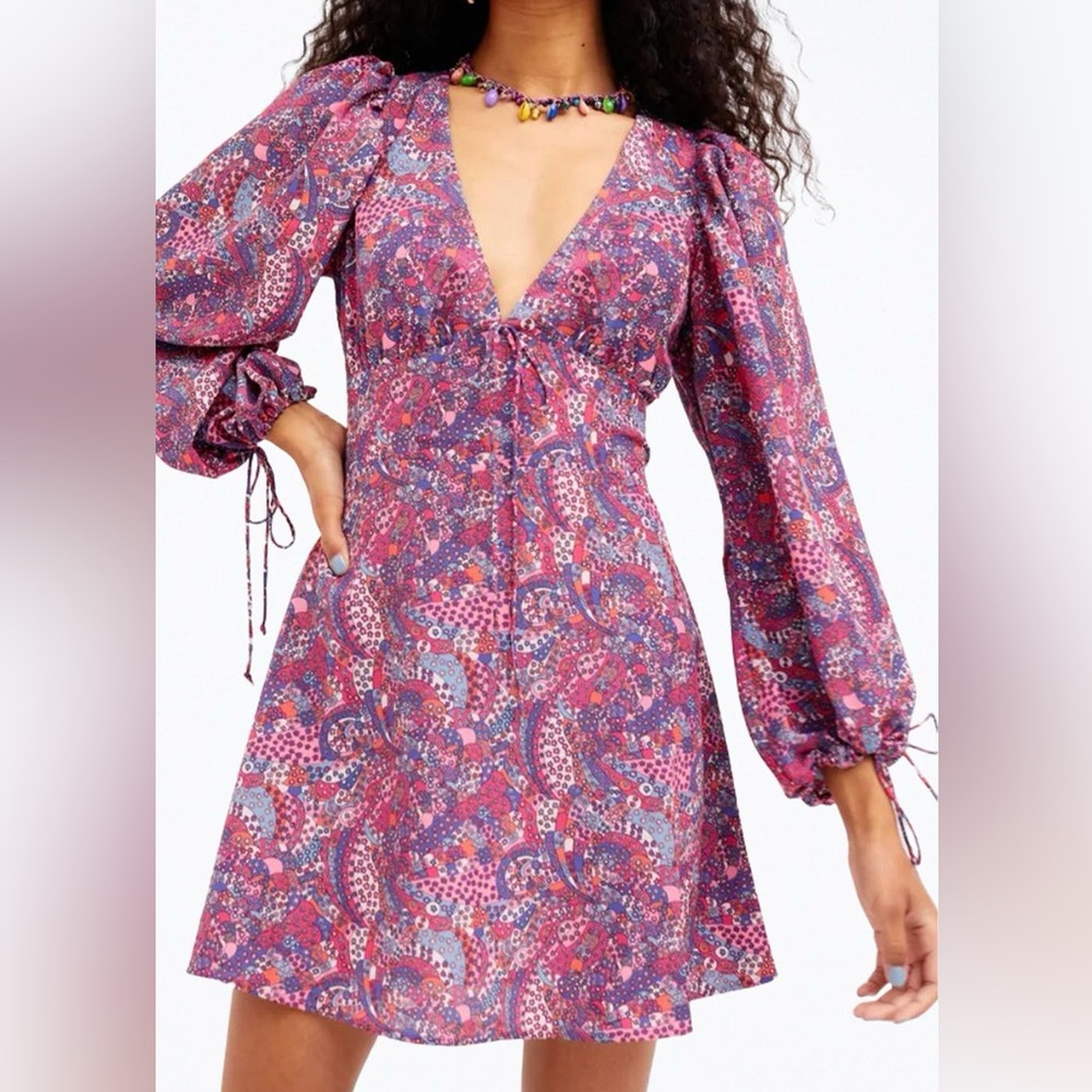 NWT Tonya Open-Back Long Sleeve Mini Dress In Purple